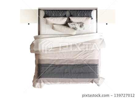double bed isolated on a transparent background, furniture for the bedroom interior, 3D illustration, cg render 139727012