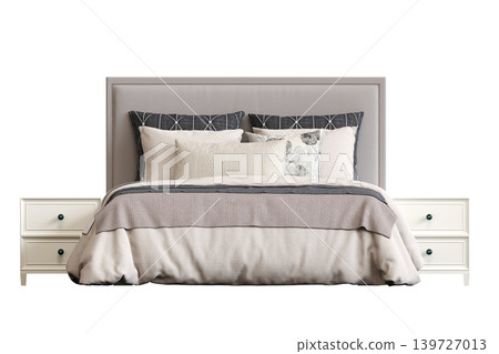 double bed isolated on a transparent background, furniture for the bedroom interior, 3D illustration, cg render double bed isolated on a transparent background, furniture for the bedroom interior, 3D illustration, cg render 139727013