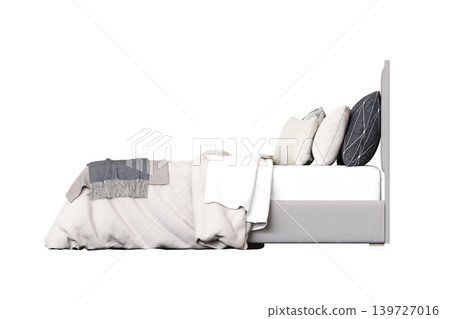 double bed isolated on a transparent background, furniture for the bedroom interior, 3D illustration, cg render 139727016