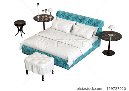 double bed isolated on a transparent background, furniture for the bedroom interior, 3D illustration, cg render 139727020
