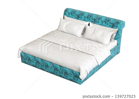 double bed isolated on a transparent background, furniture for the bedroom interior, 3D illustration, cg render 139727025