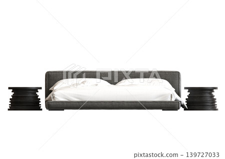 double bed isolated on a transparent background, furniture for the bedroom interior, 3D illustration, cg render 139727033