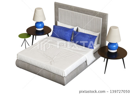 double bed isolated on a transparent background, furniture for the bedroom interior, 3D illustration, cg render double bed isolated on a transparent background, furniture for the bedroom interior, 3D illustration, cg render 139727050