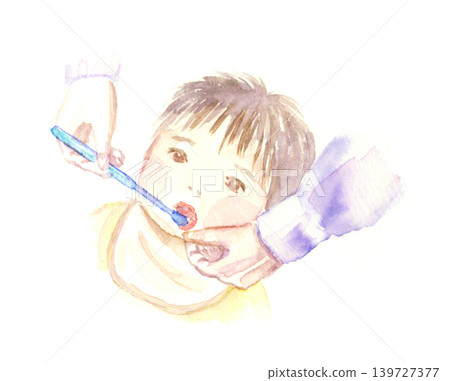 A watercolor illustration of a baby getting their teeth brushed. A watercolor illustration of a baby getting their teeth brushed. 139727377
