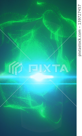 Futuristic green particle orb with bright cyan lens flare, glowing energy waves, and digital holographic motion. 139727457