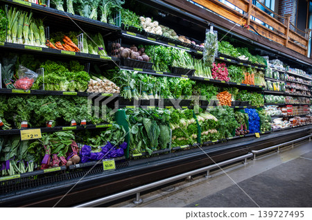 New york, usa august 18,2024. Abundant fresh organic vegetables and greens neatly arranged on refrigerated shelves inside a modern supermarket in harlem, new york New york, usa august 18,2024. Abundant fresh organic vegetables and greens neatly arranged on refrigerated shelves inside a modern supermarket in harlem, new york 139727495