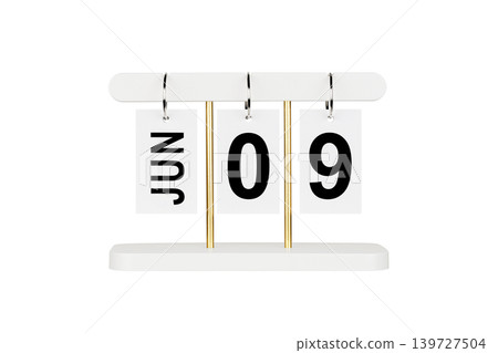 Modern flip calendar with June 09 date isolated on white. Office time management tool icon. Modern flip calendar with June 09 date isolated on white. Office time management tool icon. 139727504