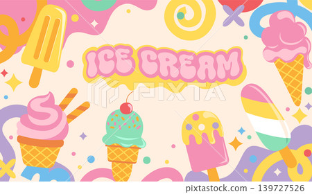 Childish ice cream horizontal banner in tasty style. Sundaes with different flavors on funny doodle pink background. Cute ad for caffe, shops. Vector for web,flyers.Sweet cold desserts for design Childish ice cream horizontal banner in tasty style. Sundaes with different flavors on funny doodle pink background. Cute ad for caffe, shops. Vector for web,flyers.Sweet cold desserts for design 139727526