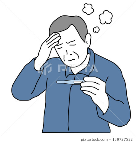 一幅彩色線條畫，描繪了一位發燒的中年男子正在查看體溫計。 139727552
