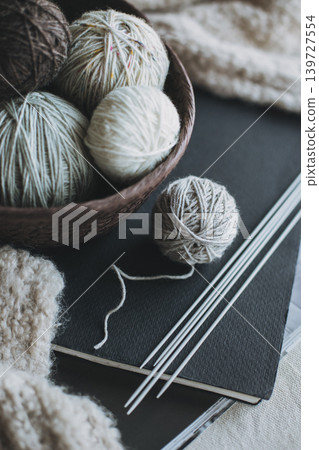 Balls of wool yarn and needles for hand knitting in a basket. Concept for handmade. Place for text. 139727554
