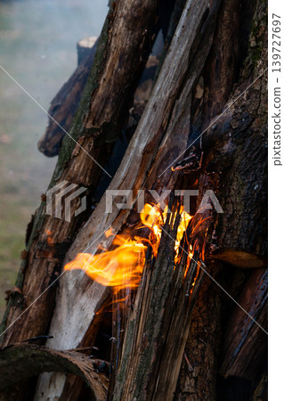 Beautiful fire flames on a campfire Beautiful fire flames on a campfire 139727697