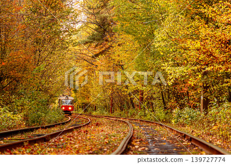Autumn forest through which an old tram rides (Ukraine) Autumn forest through which an old tram rides (Ukraine) 139727774