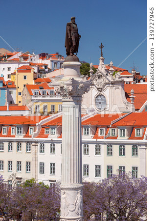 Pedro IV Monument and Blooming Jacaranda Trees at Rossio Square Lisbon Pedro IV Monument and Blooming Jacaranda Trees at Rossio Square Lisbon 139727946