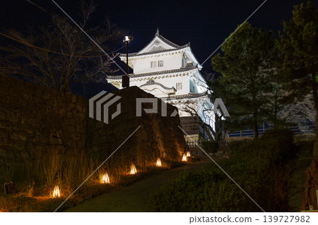 Marugame Castle, one of Japan's 100 Famous Castles, illuminated in winter in Marugame City, Kagawa Prefecture. Marugame Castle, one of Japan's 100 Famous Castles, illuminated in winter in Marugame City, Kagawa Prefecture. 139727982