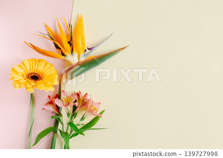 Beautiful flowers (Alstroemeria, Gerbera and Strelitzia reginae) on a pink pastel background. 139727998