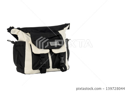 urban textile shoulder bag in black and white color isolated on white background half turn view urban textile shoulder bag in black and white color isolated on white background half turn view 139728044