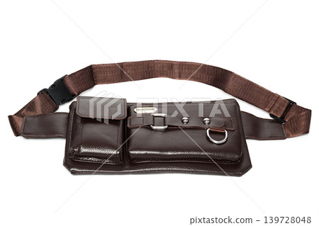 brown leather waist bag with removable adjustable strap isolated on white background front view brown leather waist bag with removable adjustable strap isolated on white background front view 139728048