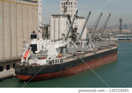 Bulk carrier at grain terminal in Port of Barcelona Spain Bulk carrier at grain terminal in Port of Barcelona Spain 139728065