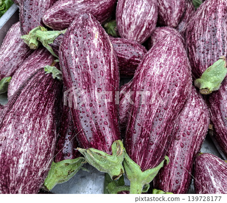 Several fresh ripe purple graffiti eggplants are arranged closely together. Each eggplant has white stripes and glistening water droplets. The setting is a market during the day. Several fresh ripe purple graffiti eggplants are arranged closely together. Each eggplant has white stripes and glistening water droplets. The setting is a market during the day. 139728177