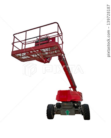 Elevated red aerial work platform displays a cherry picker basket lifted high. The equipment is ready for use in tasks like maintenance and construction. The setup is on a white background. Elevated red aerial work platform displays a cherry picker basket lifted high. The equipment is ready for use in tasks like maintenance and construction. The setup is on a white background. 139728187