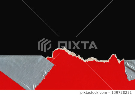 Torn red paper with duct tape repair on black background, showing ripped edge, fiber texture, and copy space. Natural backdrop of paper damage, repair, tear, warning, barrier, craft design Torn red paper with duct tape repair on black background, showing ripped edge, fiber texture, and copy space. Natural backdrop of paper damage, repair, tear, warning, barrier, craft design 139728251