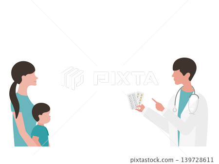 Vector illustration of a boy and his mother, and a doctor explaining medication. 139728611