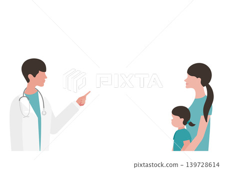Vector illustration of a girl and her mother, and a doctor pointing and explaining something. 139728614