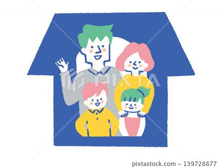 一家四口從自家窗戶揮手_color 139728877