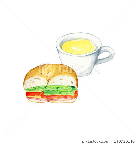 A hand-painted watercolor illustration of a bagel sandwich and corn soup for breakfast. 139729116