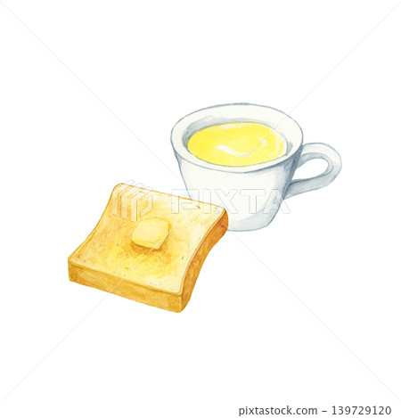Hand-painted watercolor illustration of a breakfast of buttered toast and corn soup. Hand-painted watercolor illustration of a breakfast of buttered toast and corn soup. 139729120