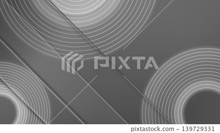 Monochrome geometric circle background, modern abstract design with 3D shadows and diagonal lines, copy space. Monochrome geometric circle background, modern abstract design with 3D shadows and diagonal lines, copy space. 139729331