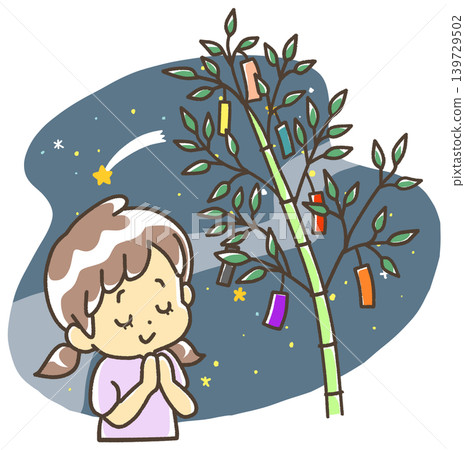 A girl hangs a strip of paper on a bamboo branch and makes a wish under the night sky. A girl hangs a strip of paper on a bamboo branch and makes a wish under the night sky. 139729502