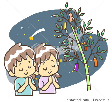 Children hang strips of paper on bamboo branches and make their wishes. Children hang strips of paper on bamboo branches and make their wishes. 139729503