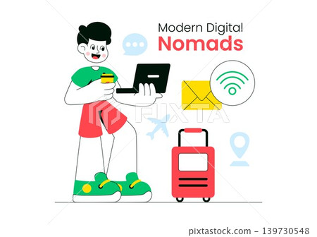Modern Digital Nomads Vector Illustration Featuring Remote Work Lifestyle, Travel Freelancer, Online Communication and Mobile Workspace Design Modern Digital Nomads Vector Illustration Featuring Remote Work Lifestyle, Travel Freelancer, Online Communication and Mobile Workspace Design 139730548