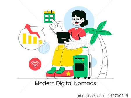Modern Digital Nomads Vector Illustration Featuring Remote Work Lifestyle, Travel Freelancer, Online Communication and Mobile Workspace Design Modern Digital Nomads Vector Illustration Featuring Remote Work Lifestyle, Travel Freelancer, Online Communication and Mobile Workspace Design 139730549