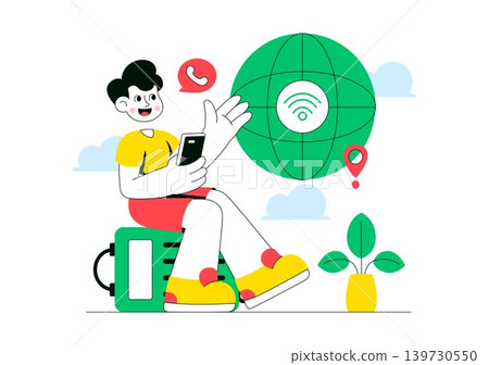 Modern Digital Nomads Vector Illustration Featuring Remote Work Lifestyle, Travel Freelancer, Online Communication and Mobile Workspace Design Modern Digital Nomads Vector Illustration Featuring Remote Work Lifestyle, Travel Freelancer, Online Communication and Mobile Workspace Design 139730550