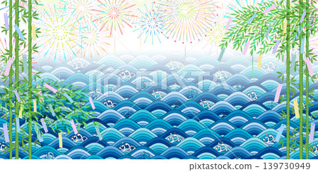 一幅描繪日本夏季祭典七夕的背景插圖，畫面中有竹枝、波浪和煙火。 139730949