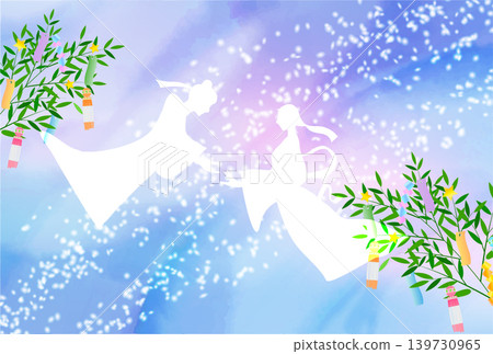 一幅描繪七夕節中織姬和牛郎的浪漫剪影插畫。 139730965