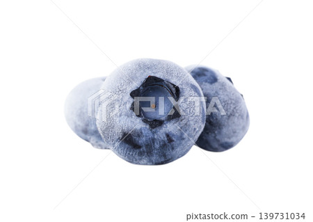 Three fresh, healthy frozen blueberries, close up, PNG Three fresh, healthy frozen blueberries, close up, PNG 139731034