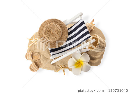 Beach chair rests on sand with seashells and flower, PNG Beach chair rests on sand with seashells and flower, PNG 139731040