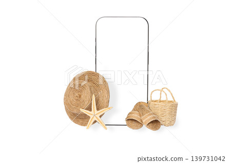 Straw hat with starfish and woven basket on display, PNG Straw hat with starfish and woven basket on display, PNG 139731042