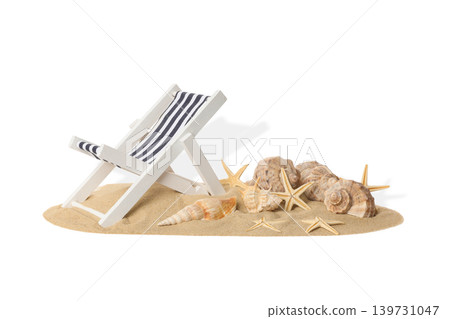 Deck chair near seashells and starfish on sand, PNG Deck chair near seashells and starfish on sand, PNG 139731047