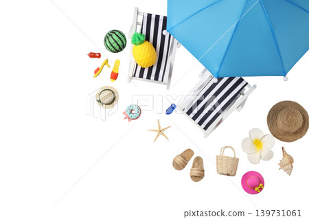 Vibrant beach gear on a sunny shore, PNG 139731061