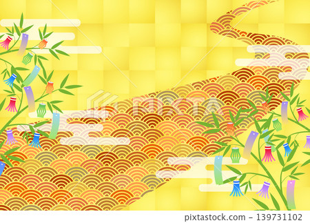 A beautiful golden background featuring Tanabata bamboo decorations and traditional Japanese patterns. A beautiful golden background featuring Tanabata bamboo decorations and traditional Japanese patterns. 139731102