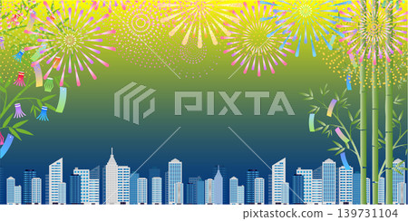 A beautiful summer festival backdrop featuring city lights, fireworks, and Tanabata decorations. A beautiful summer festival backdrop featuring city lights, fireworks, and Tanabata decorations. 139731104