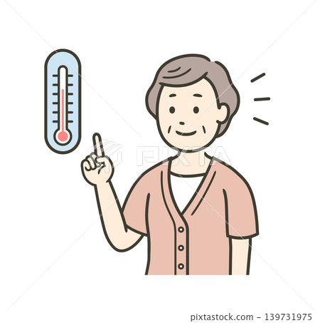 An illustration of the upper body of an elderly woman checking the room temperature with a thermometer. An illustration of the upper body of an elderly woman checking the room temperature with a thermometer. 139731975