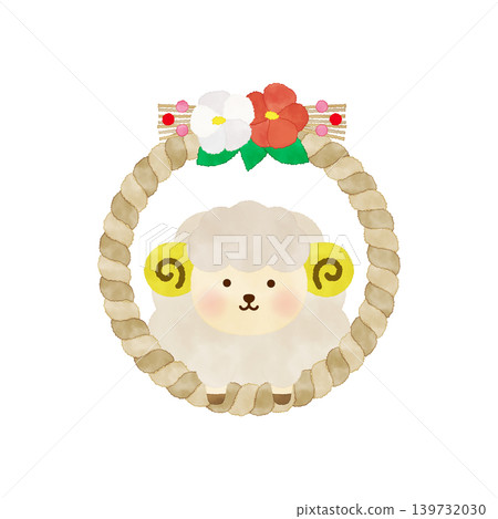 一幅水彩風格的新年插畫，描繪了一隻綿羊從注連繩（神聖的繩索）後面探出頭來（2027年，羊年）。 139732030