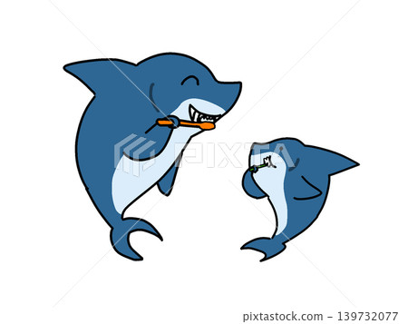 一對母子鯊魚一起刷牙 一對母子鯊魚一起刷牙 139732077
