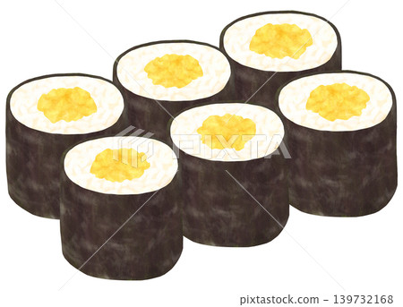 An illustration of six rolled sushi made with pickled radish. An illustration of six rolled sushi made with pickled radish. 139732168