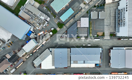 Aerial drone footage of a factory landscape from directly above. Aerial drone footage of a factory landscape from directly above. 139732245
